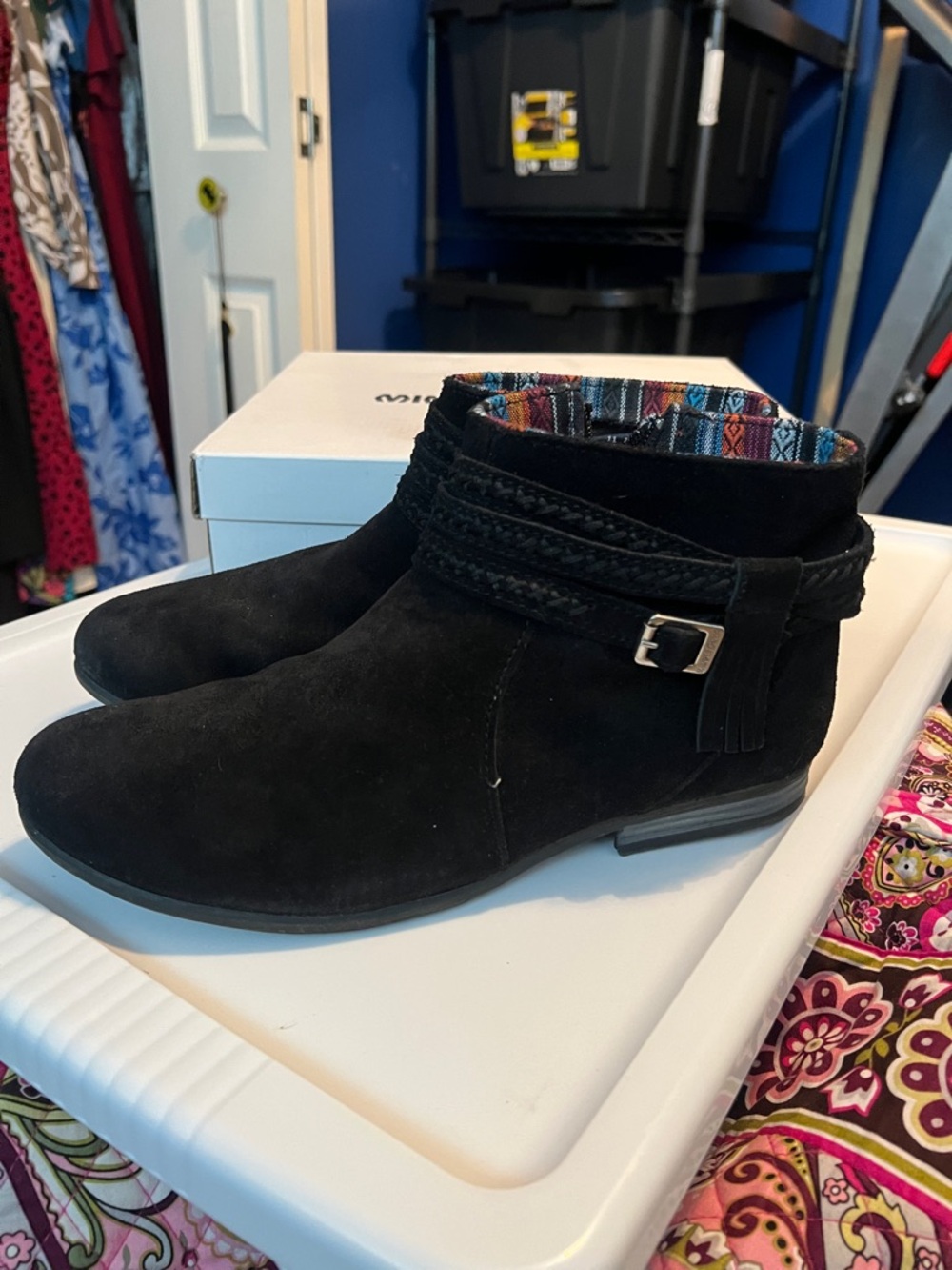 Minnetonka Black Suede Ankle Boot with Braided Strap and Tassel Accent